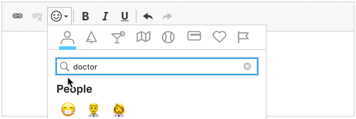 CKEditor 4 WYSIWYG HTML editor with emoji keyword search support.