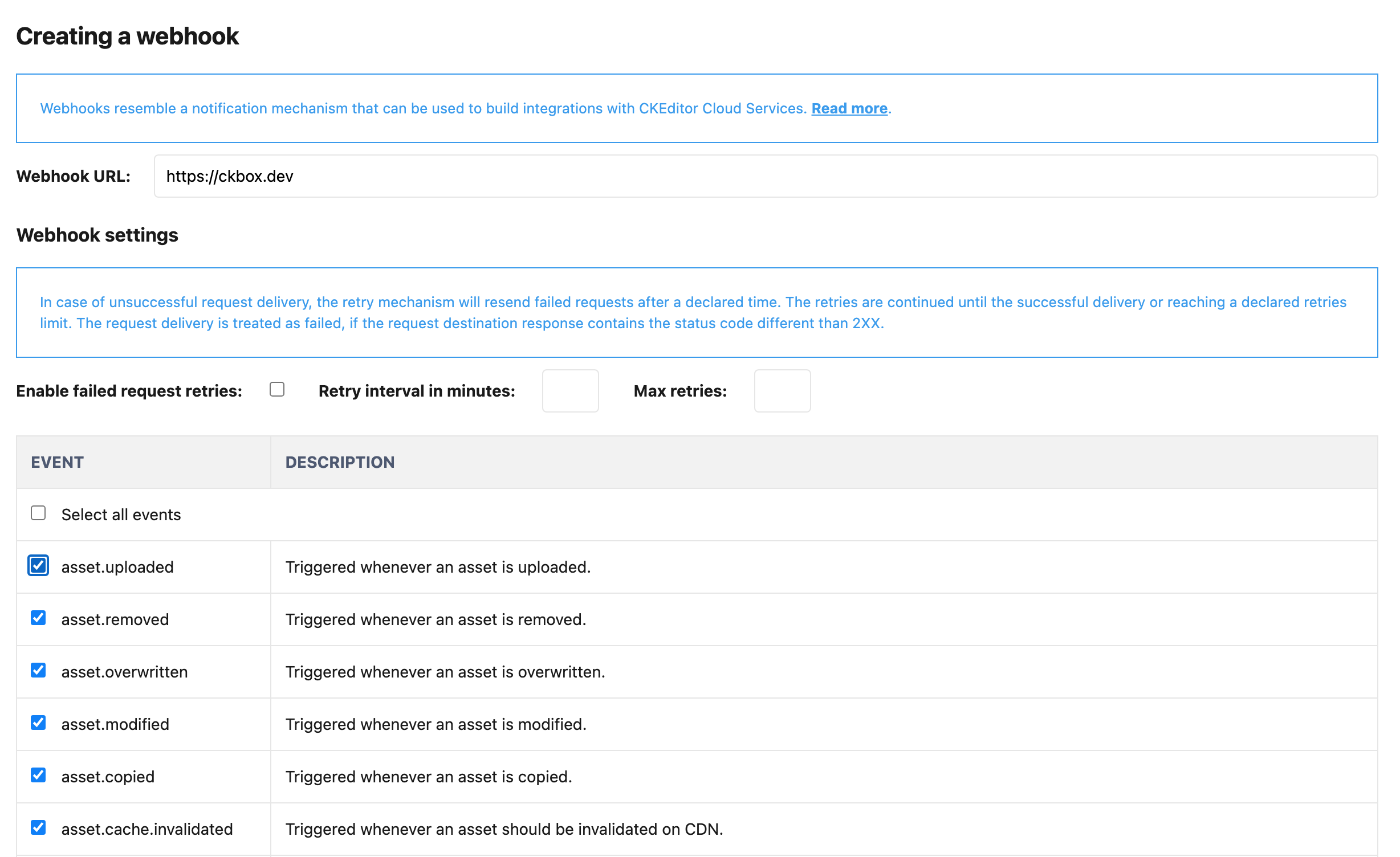 Defining new webhooks in the Customer Portal.