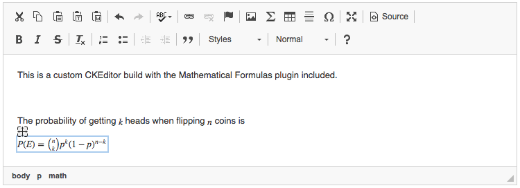 A custom CKEditor build with the Mathematical Formulas widget