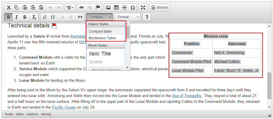 Object styles shown after selecting a table