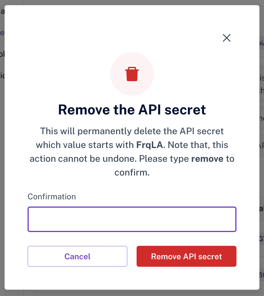 API secret remove confirmation modal.